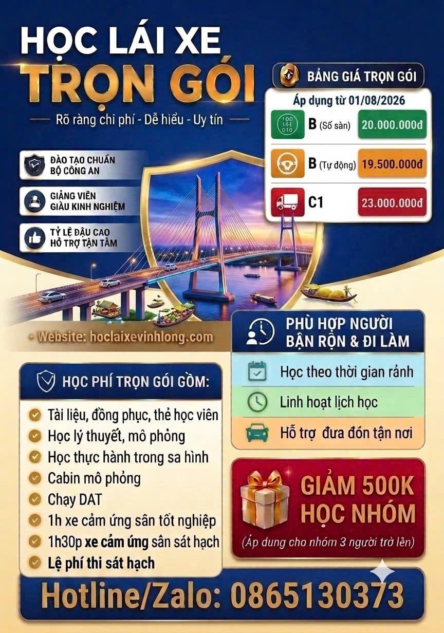 GIÁ HỌC PHÍ LÁI XE TRỌN GÓI GIÁ RẺ TẠI VĨNH LONG MỚI NHẤT